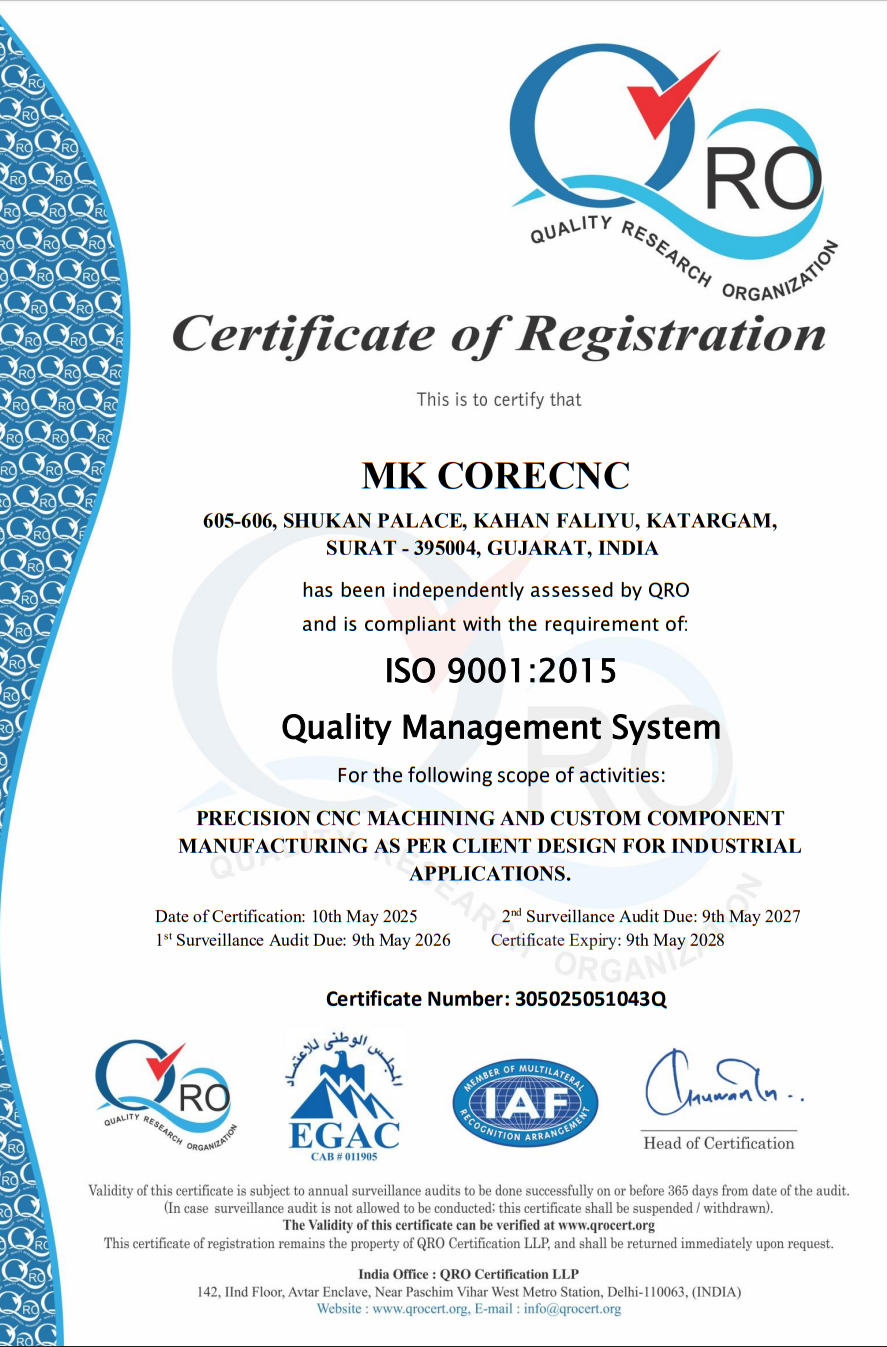 MK Core CNC ISO 9001:2015 Certificate of Registration